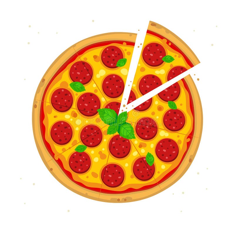 Appetizing vector pepperoni pizza with one piece cut off. Detailed illustration for menu, restaurant, cafe, pizzeria.