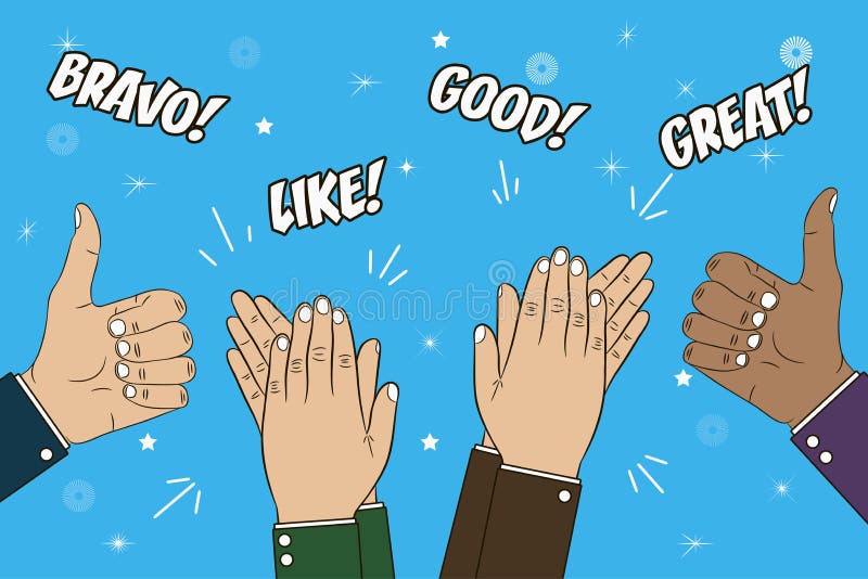 Applaudissement, applaudissements et pouce de mains vers le haut de geste Illustration de concept de félicitations avec le texte illustration libre de droits