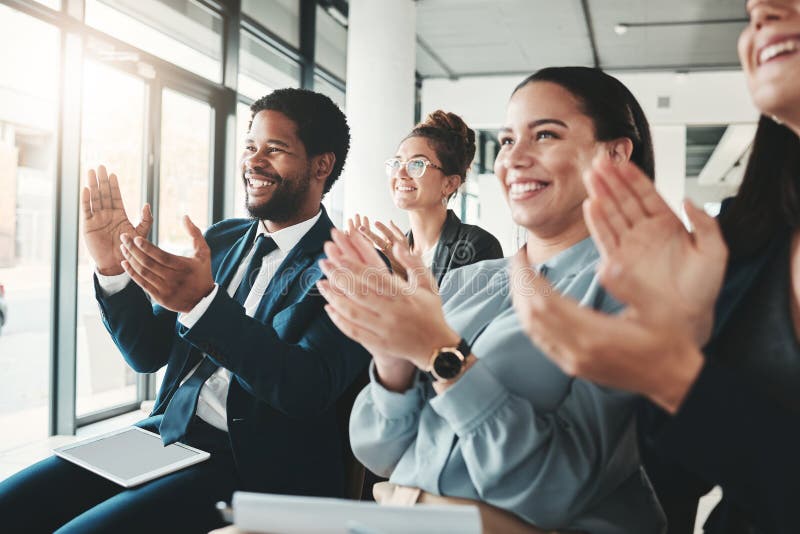Applause, seminar and business people in meeting, conference or workshop in office. Celebration, group teamwork or crowd royalty free stock photos