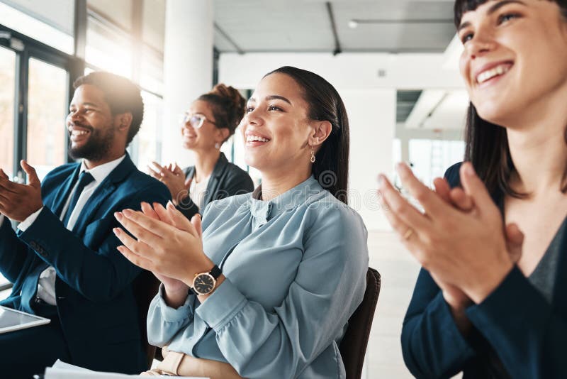 Applause, workshop and business people in meeting, conference or seminar in office. Celebration, group teamwork or crowd royalty free stock photography