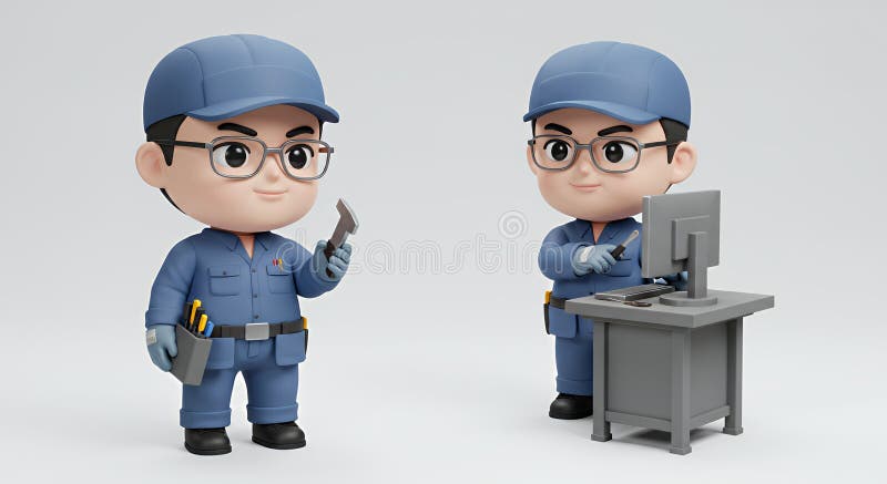 Applausi Chibi Machinists 3D Render isolati su sfondo bianco illustrazione di stock