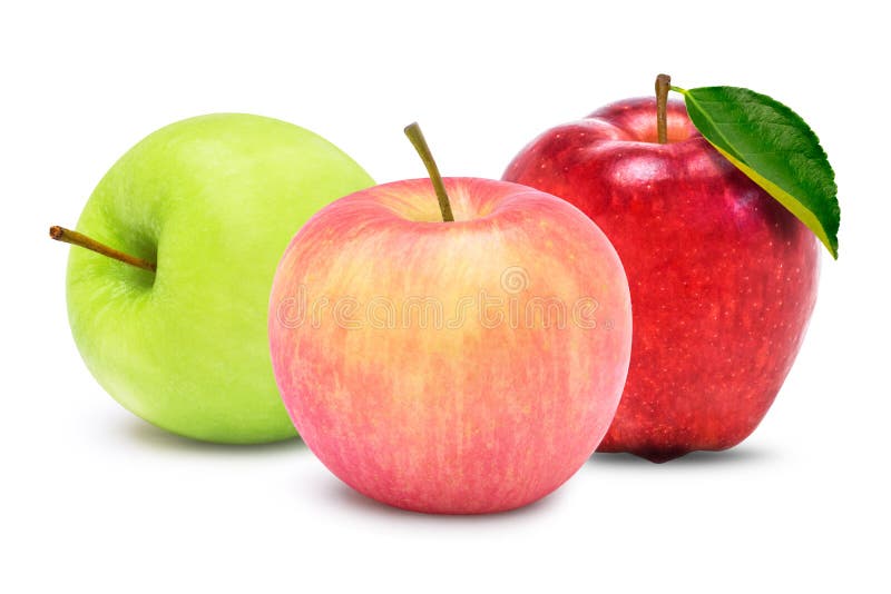 Various types of apples ; green, red and pink apple isolated on white background royalty free stock photo.