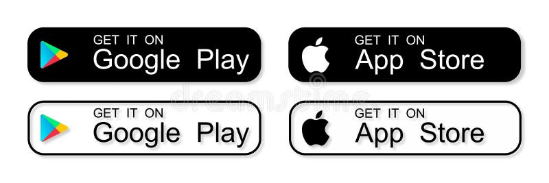 Apple app store and google play store. przyciski pobierania aplikacji. izolowane czarne ikony ustawione na białym tle. pobierz urz
