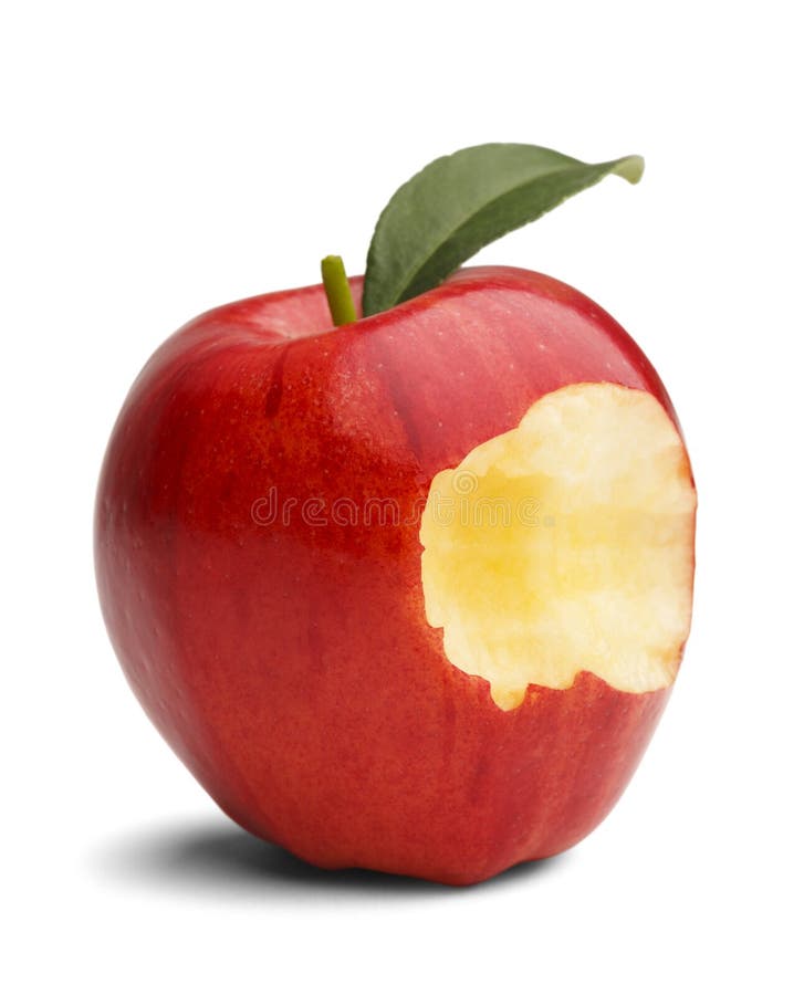 Apple Bite. Red apple with green leaf missing a bite on a white background Apple Bite. Red apple with green leaf missing a bite on a white background