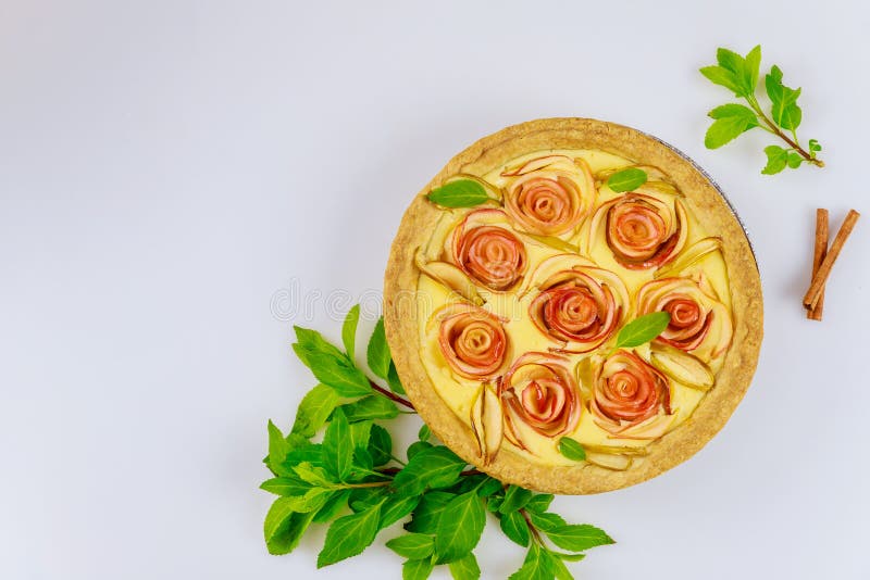 Apple Cheesecake with Rose Shape Apple Decorated and Fresh Apples Stock