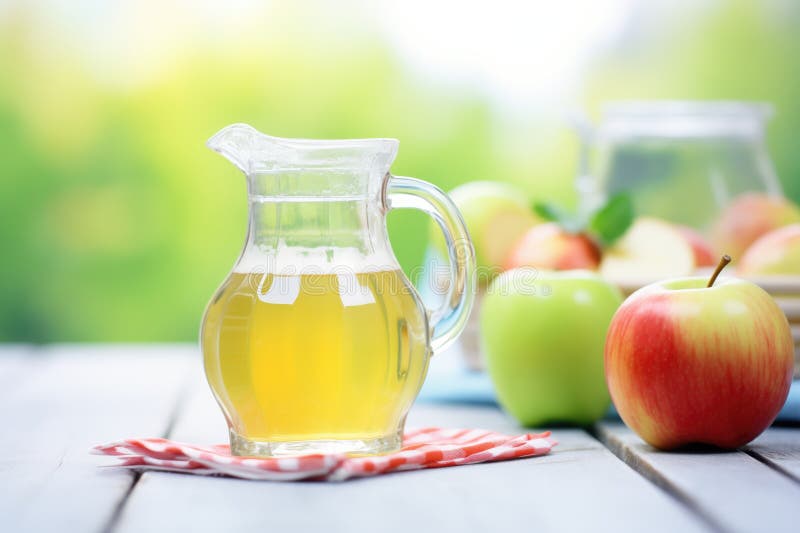 Apple Cider Vinegar in a Glass Jug with Fresh Apple Juice Stock Photo