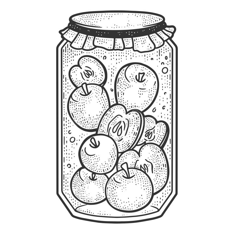 Apple compote. Preservation for the winter. Sketch scratch board imitation. Black and white. Engraving vector illustration.