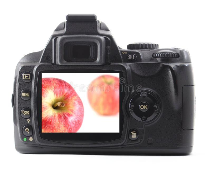 Apple fruit in digital camera showing photography concept