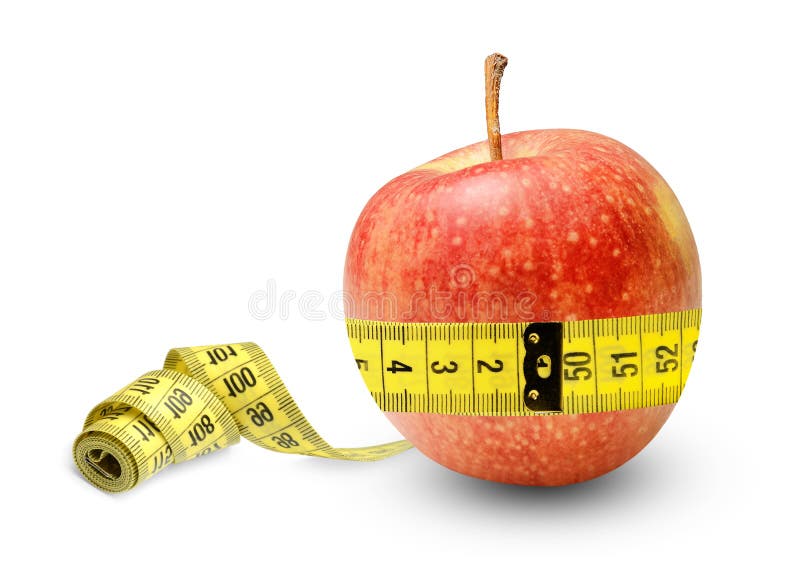 An apple full of strength and health measures its waist and is quite the result..Symbol of proper nutrition. royalty free stock photography An apple full of strength and health measures its waist and is quite the result..Symbol of proper nutrition. royalty free stock photography