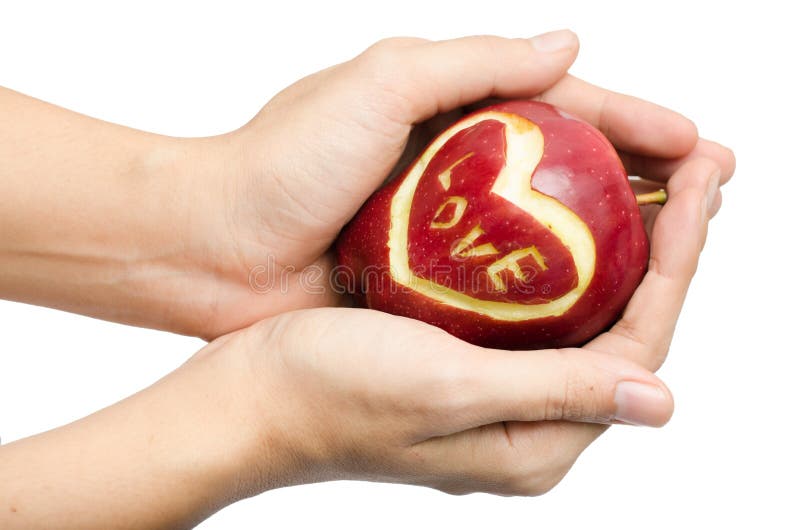 Apple,heart,love in woman hand isolate on white background royalty free stock images Apple,heart,love in woman hand isolate on white background royalty free stock images