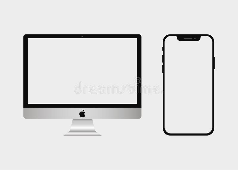 Apple imac e iphone. monitor inteligente de pantalla moderna y realista. simulación de dispositivo. industria electrónica. ilustra