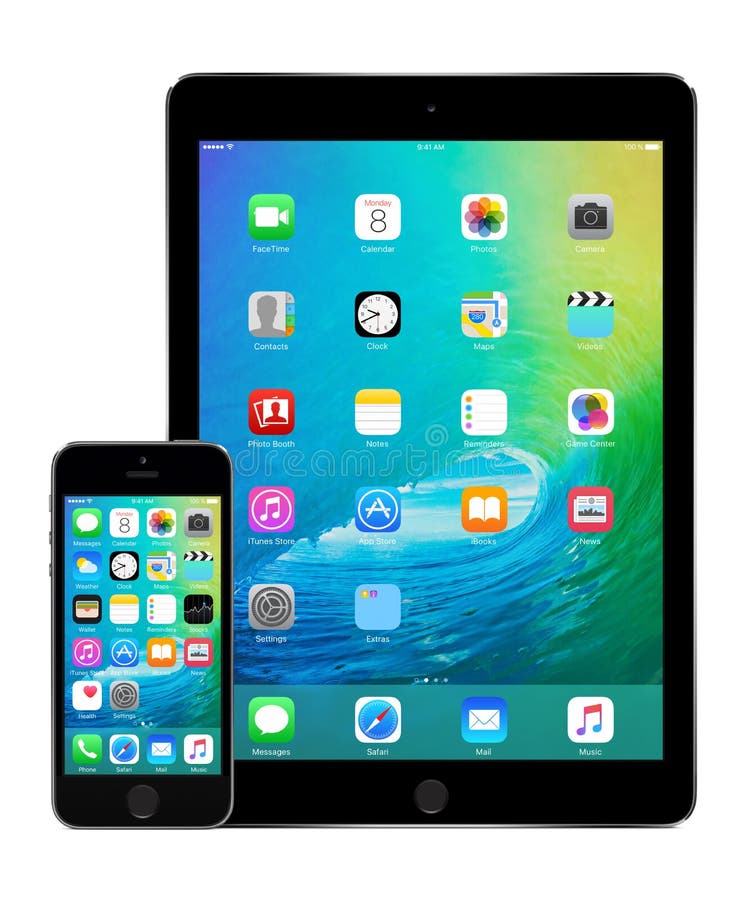 Apple IPad Air 2 and IPhone 5s with IOS 9 on the Displays 