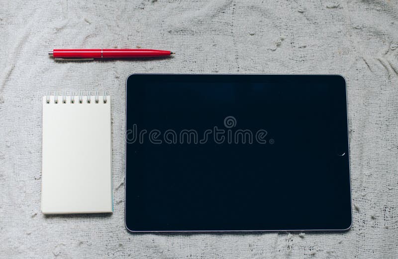 Apple IPad, Pen and Notebook on Plaid Editorial Stock Image Image of