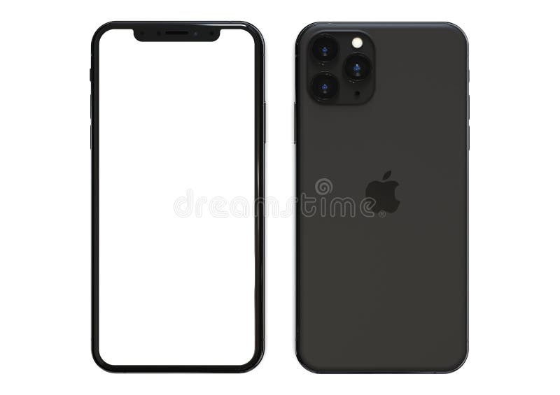 Apple iPhone 11 Pro Space grey 2019 - front and back sides visible, on a white background, blank screen. Triple camera detail. Ideal for mock-ups and commercial presentations. Front view, high quality, detailed close-up. Apple iPhone 11 Pro Space grey 2019 - front and back sides visible, on a white background, blank screen. Triple camera detail. Ideal for mock-ups and commercial presentations. Front view, high quality, detailed close-up