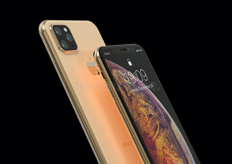 Cupertino, California - May 24, 2019: Apple iPhone Xs successor 11 or XI rumored design simulation. 3D rendering, realistic mock-up based on predictions and leaks. Gold version. New three cameras design. Front and rear view, dynamic perspective on black background. Cupertino, California - May 24, 2019: Apple iPhone Xs successor 11 or XI rumored design simulation. 3D rendering, realistic mock-up based on predictions and leaks. Gold version. New three cameras design. Front and rear view, dynamic perspective on black background