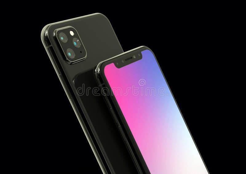 Cupertino, California - May 24, 2019: Apple iPhone Xs successor 11 or XI rumored design simulation. 3D rendering, realistic mock-up based on predictions and leaks. Space grey version. New three cameras design. Front and rear view, dynamic perspective on black background. Cupertino, California - May 24, 2019: Apple iPhone Xs successor 11 or XI rumored design simulation. 3D rendering, realistic mock-up based on predictions and leaks. Space grey version. New three cameras design. Front and rear view, dynamic perspective on black background