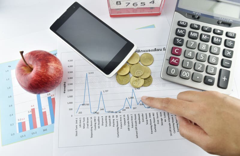 Apple, Money,clock, Telephone and Calculator Placed on Document. Stock