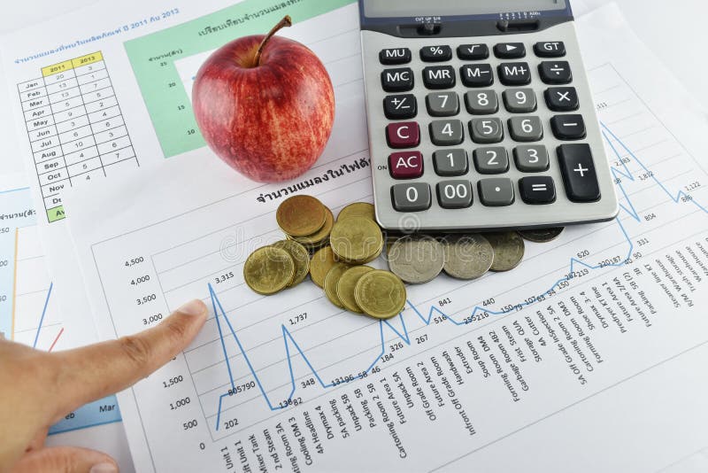 Apple, Money,clock, Telephone and Calculator Placed on Document. Stock