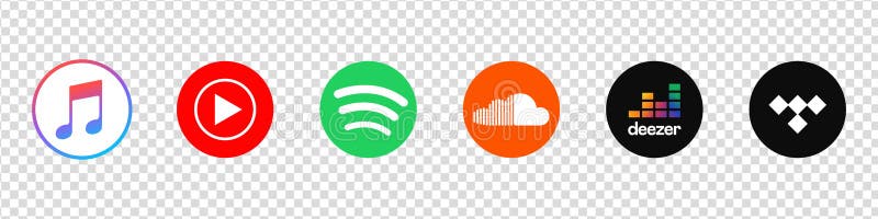 Apple Music, Spotify, YouTube Music, SoundCloud, Deezer, Tidal - a set of logos for popular music streaming services. Vector logos