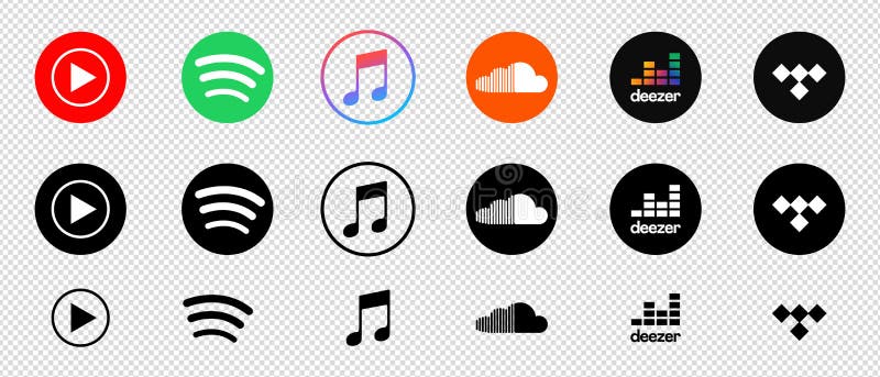 Apple Music, Spotify, YouTube Music, SoundCloud, Deezer, Tidal - a set of logos for popular music streaming services. Vector logos on a transparent background for your design. Stock illustration EPS 10. Apple Music, Spotify, YouTube Music, SoundCloud, Deezer, Tidal - a set of logos for popular music streaming services. Vector logos on a transparent background for your design. Stock illustration EPS 10