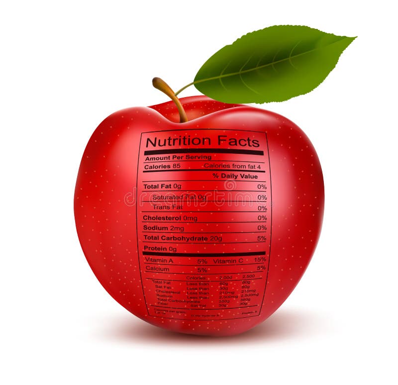 Apple with nutrition facts label. Concept of healt