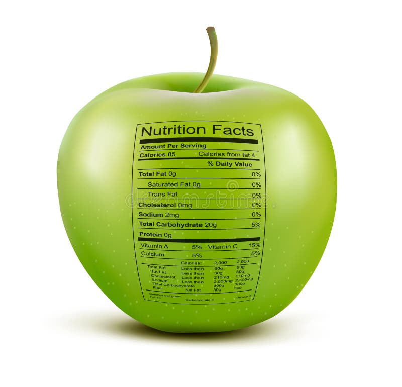 Apple with nutrition facts label.