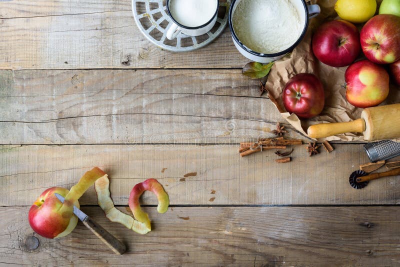 Apple pie making background stock image