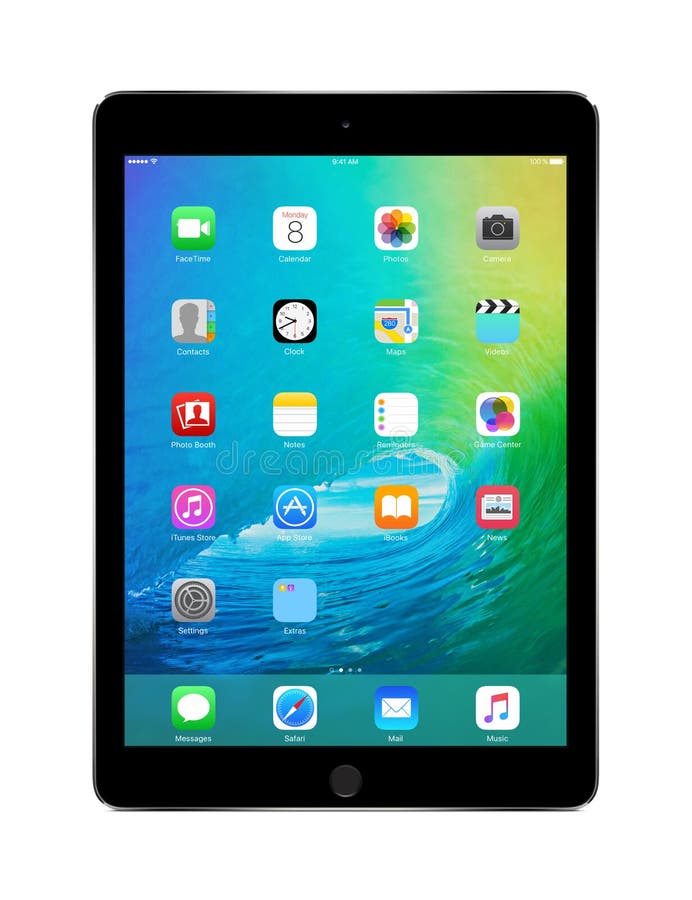 Apple Space Gray iPad Air 2 with iOS 9, designed by Apple Inc.
