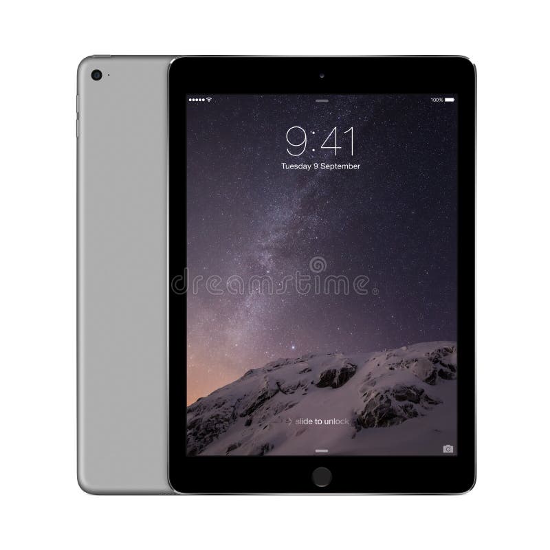 Apple Space Gray iPad Air 2 with iOS 8 with lock screen on the d