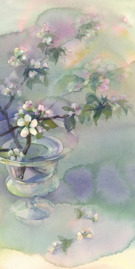 Apple tree bloom watercolor background. Spring flowering. Pastel colors. Still-life with glass vases.