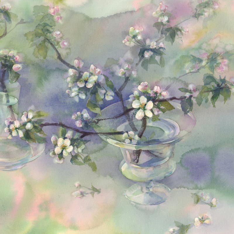 Apple tree bloom watercolor background. Spring flowering. Pastel colors. Still-life with glass vases.