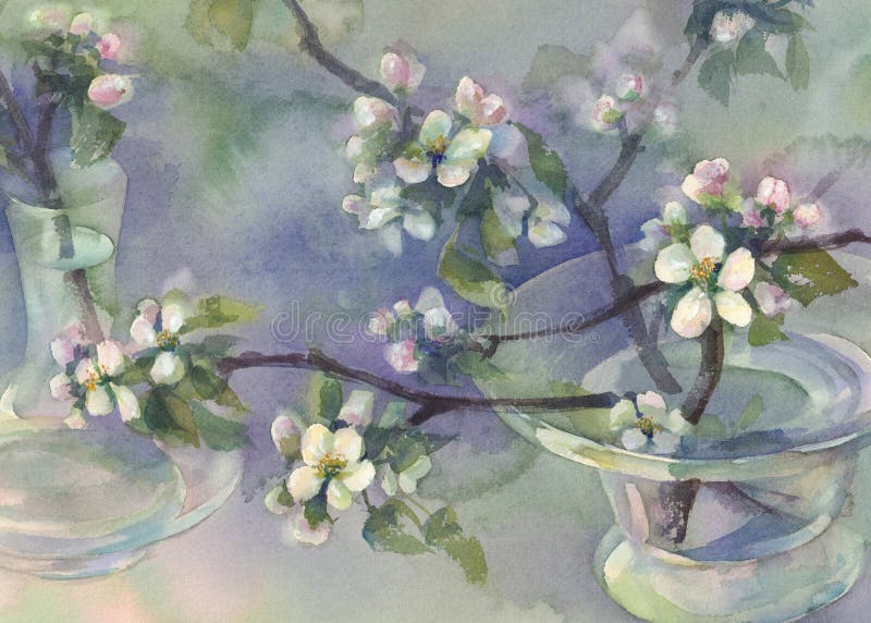 Apple tree bloom watercolor background. Spring flowering. Pastel colors. Still-life with glass vases.