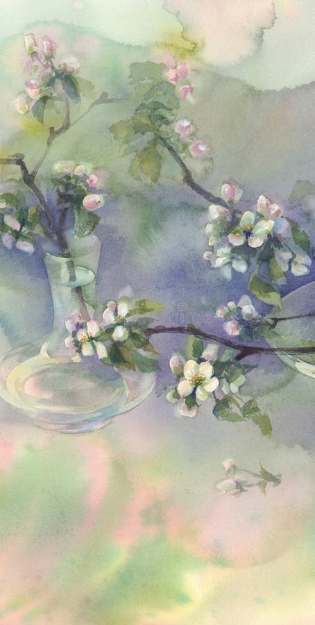 Apple tree bloom watercolor background. Spring flowering. Pastel colors. Still-life with glass vases.