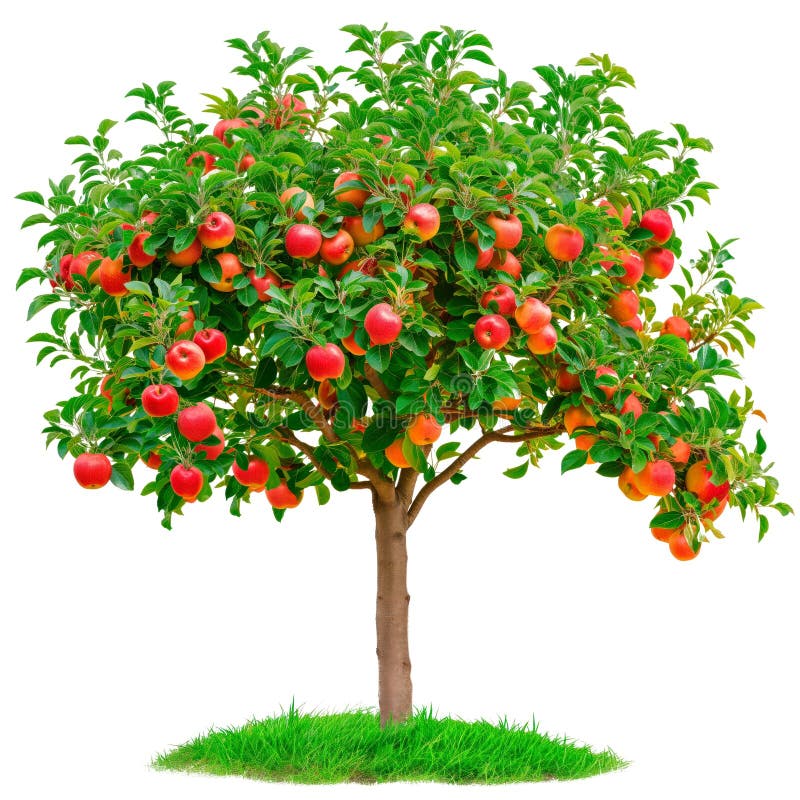 A apple tree isolated on a white or transparent background. A close-up of a apples tree with red apples. A graphic design element on the theme of nature and tree care. Isolated white transparent background ai stock images, royalty-free photos and pictures