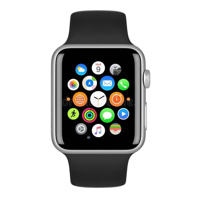 Apple Watch Sport Silver Aluminum Case with Black Sport Band stock images