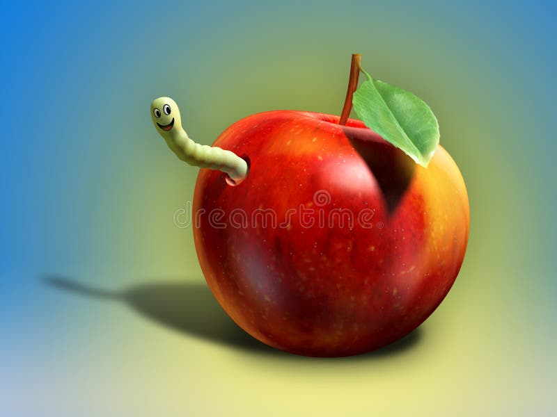 Happy worm eating a juicy red apple. Digital illustration. Happy worm eating a juicy red apple. Digital illustration.