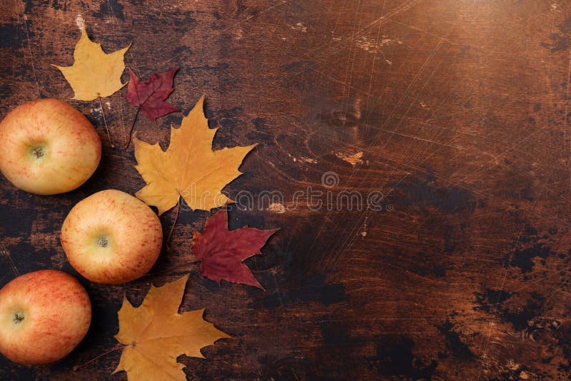 Apple and yellow red maple leaves old grunge wooden background Back to school concept