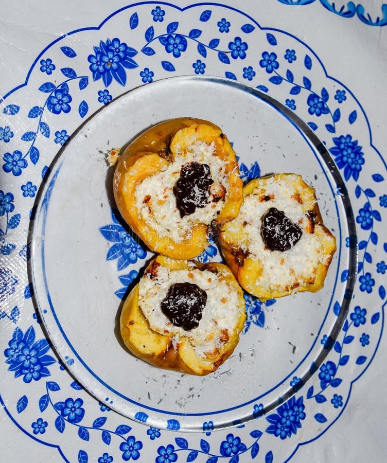 Apples with Cottage Cheese and Decorated with Chocolate and Coconut
