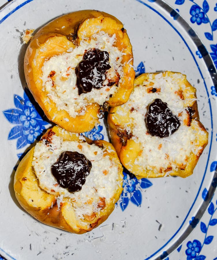 Apples with Cottage Cheese and Decorated with Chocolate and Coconut