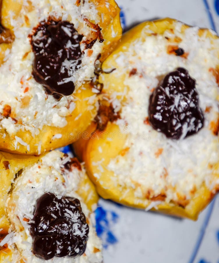 Apples with Cottage Cheese and Decorated with Chocolate and Coconut