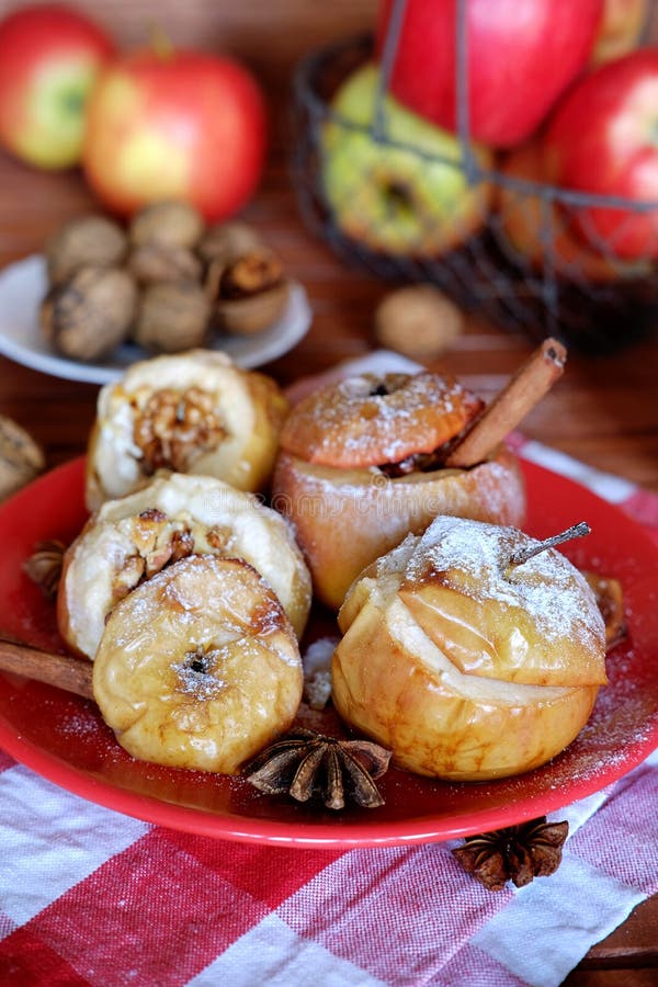 Apples Baked in the Oven with Cottage Cheese and Walnuts Stock Image ...
