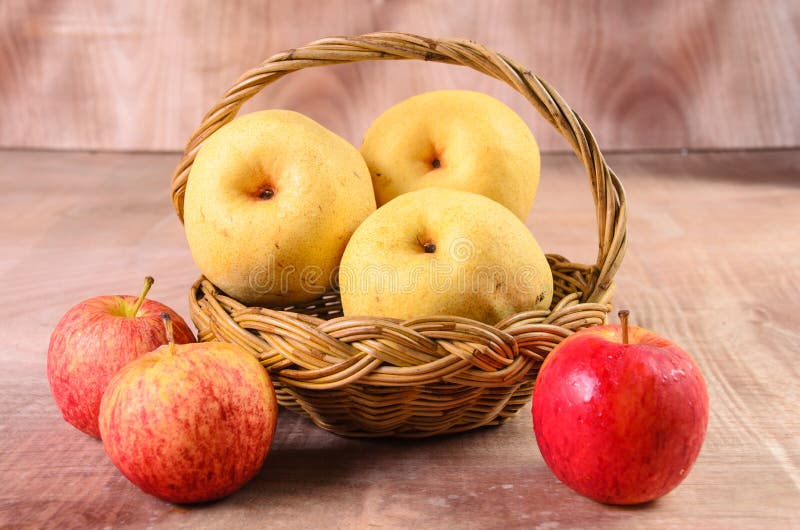 Apples in basket on a wood background