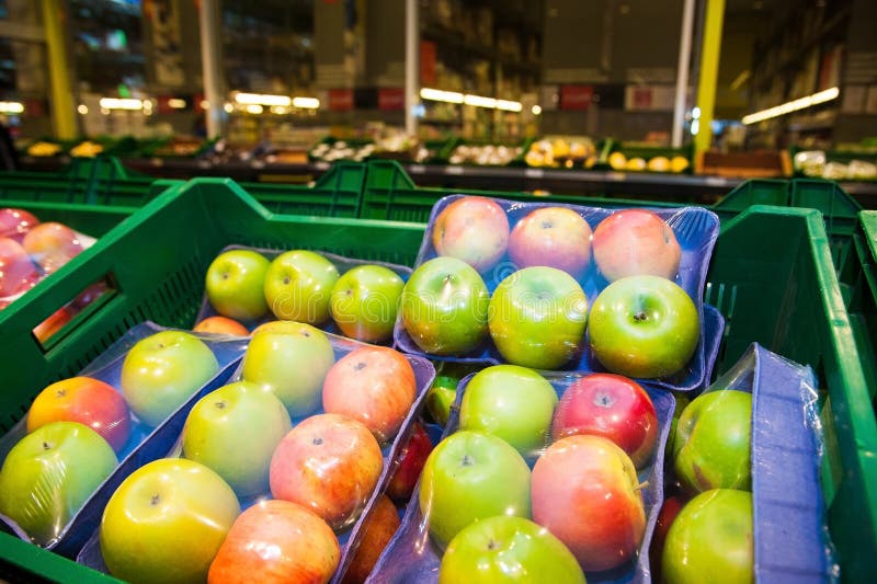 Apples on Boxes in Supermarket Stock Photo Image of market, store