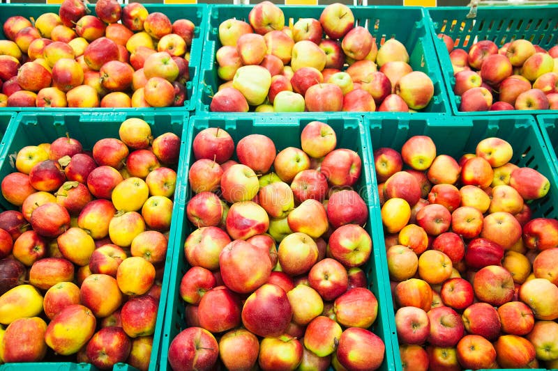 Apples on Boxes in Supermarket Stock Photo Image of market, store