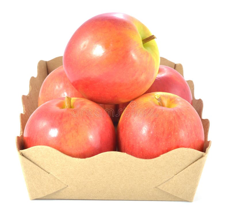 Apples in a Cardboard Box Isolated on White Background Stock Photo