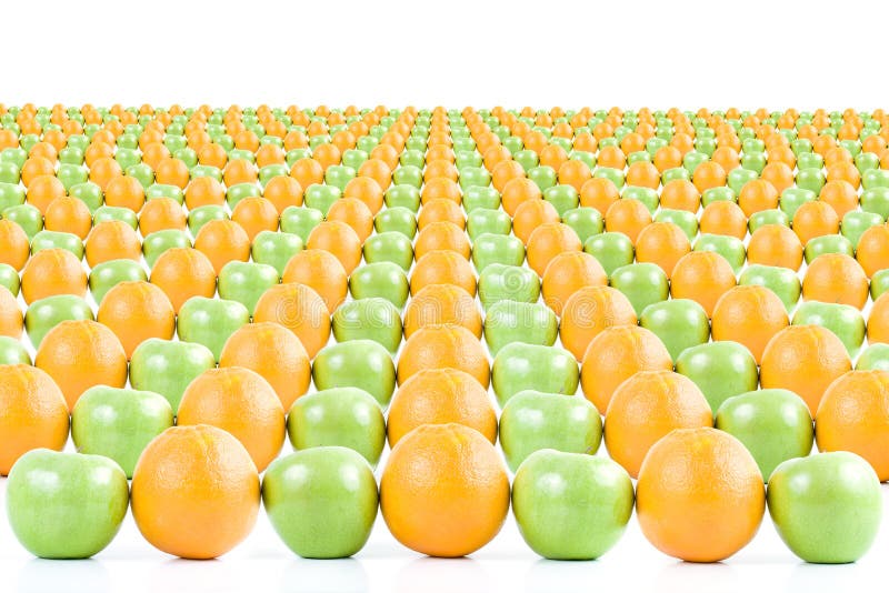 Endless rows of green apples and oranges. Isolated on white background