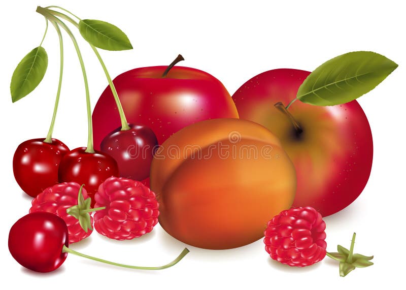 Apples, a peach, cherries and raspberries.