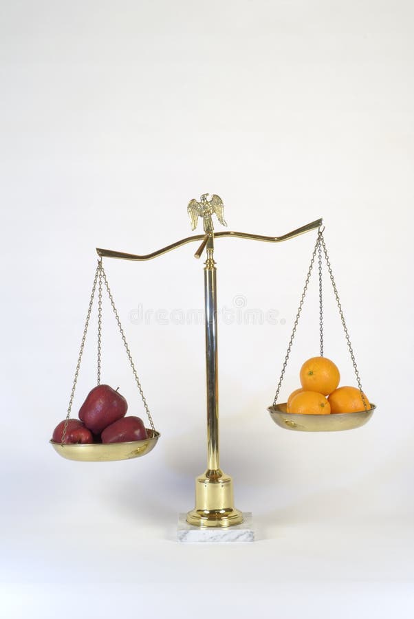 Brass Scales of Justice showing comparison of apples to oranges