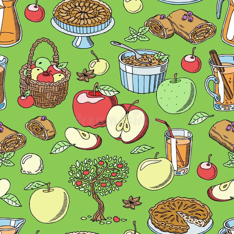 Apples vector healthy food applepie and applejuice from fresh fruits in garden with appletrees illustration of set vector illustration