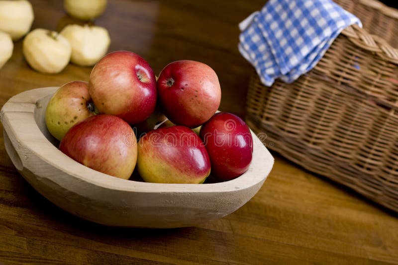 Apples in wooden pan